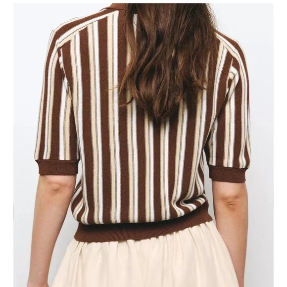 Zara Striped Polo Cardigan Brown/ Tan / White NWT - Picture 3 of 7